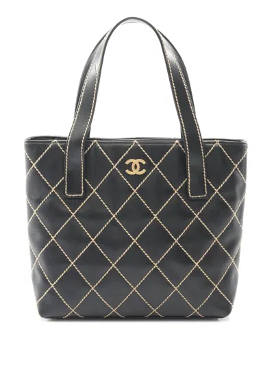 Pre-owned Chanel 2003-2004 Small Cc Quilted Calfskin Wild Stitch Tote Bag In Black