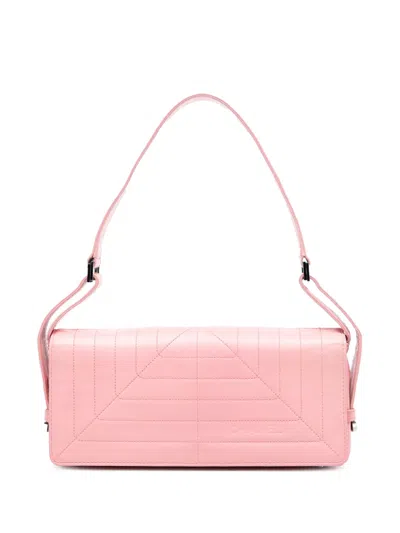 Pre-owned Chanel 2003-2004 Stitched Lambskin Logo Flap Shoulder Bag In Pink
