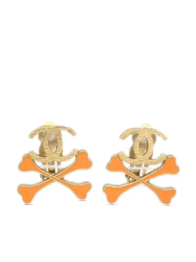 Pre-owned Chanel 2003 Bones Cc-logo Clip-on Earrings In Gold