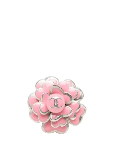 Pre-owned Chanel 2003 Cc Brass And Enamel Camellia Ring Costume Ring In Pink