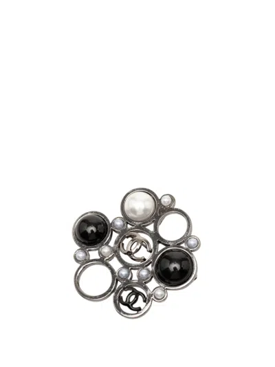 Pre-owned Chanel 2003 Cc Brass Faux Pearl Pin Brooch Costume Brooch In Black