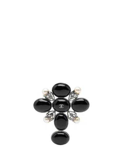 Pre-owned Chanel 2003 Cc Brass Resin Faux Pearl Cross Brooch Costume Brooch In Black