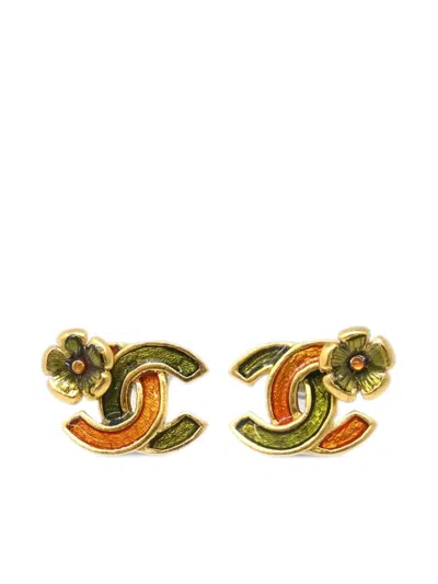 Pre-owned Chanel 2003 Cc Camellia-motif Earrings In Gold