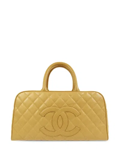 Pre-owned Chanel 2003 Cc Diamond-quilted Bowling Bag In Yellow