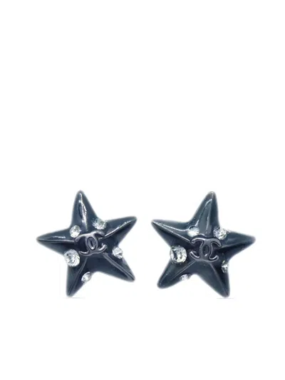 Pre-owned Chanel 2003 Cc-embossed Rhinestone-embellished Star Stud Earrings In Silver
