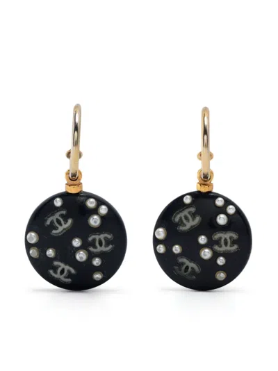 Pre-owned Chanel 2003 Cc Faux-pearl Half-hoop Earrings In Black