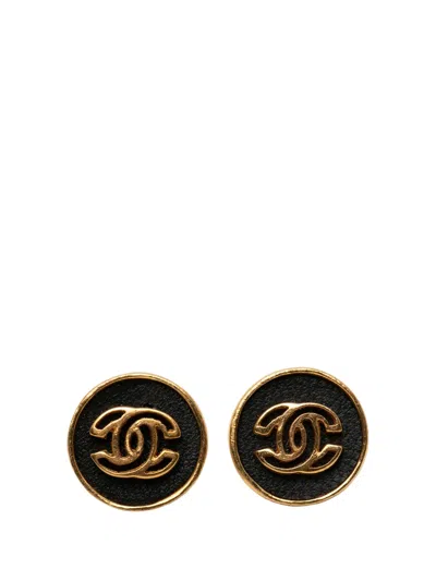 Pre-owned Chanel 2003 Cc Gold Plated And Leather Round Bullet Back Earrings Costume Earrings In Black