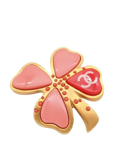 Pre-owned Chanel 2003 Cc Gold Plated Resin Four Leaf Clover Brooch Costume Brooch