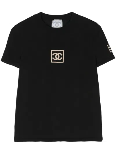 Pre-owned Chanel 2003 Cc-intarsia Cotton T-shirt In Black