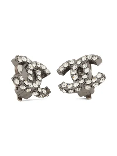 Pre-owned Chanel 2003 Cc Mark Rhinestone Earrings In Gray