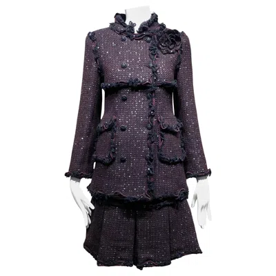 Pre-owned Chanel 2003  Burgundy And Black Women's Wool Jacket A-line Skirt Suit In Red