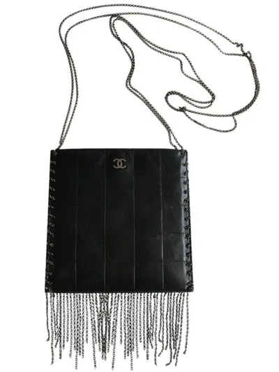Pre-owned Chanel 2003 Choco Bar Fringed Crossbody Bag In Black
