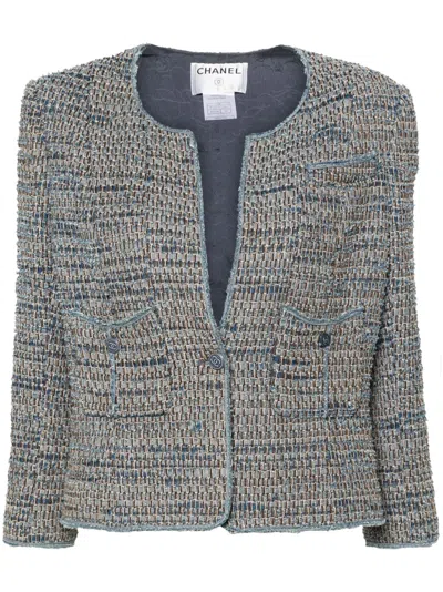 Pre-owned Chanel 2003 Frayed Tweed Jacket In Blue