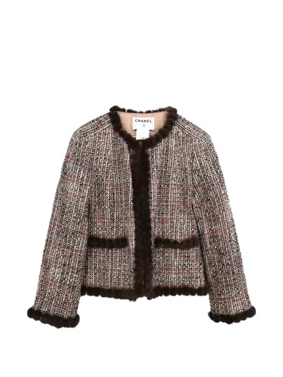 Pre-owned Chanel 2003 Fur-trim Tweed Jacket In Brown