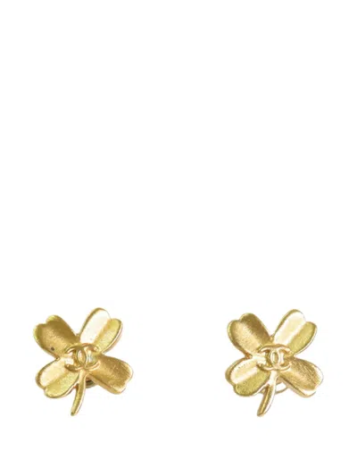 Pre-owned Chanel 2003 Gold Plated Cc Clover Push Back Earrings Costume Earrings