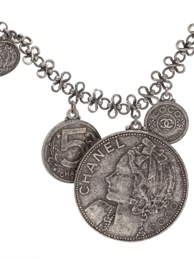 Pre-owned Chanel 2003 Mark Coin Charm Necklace In Silver