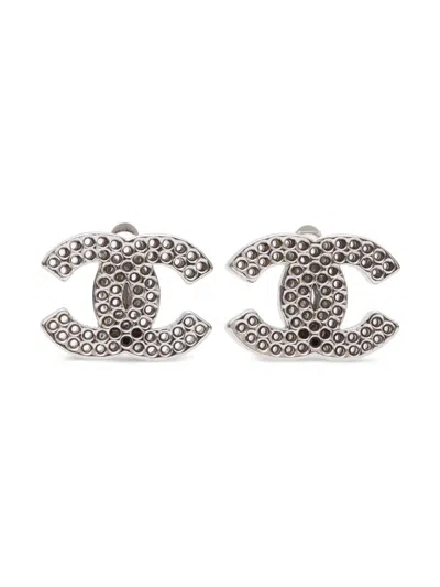 Pre-owned Chanel 2003 Perforated Cc Logo Clip-on Earrings In Silver