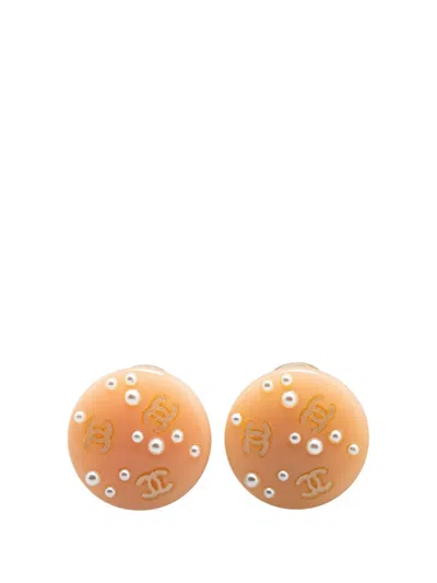 Pre-owned Chanel 2003 Resin Cc Faux Pearl Clip On Earrings Costume Earrings In Brown