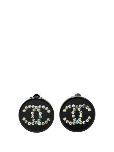 Pre-owned Chanel 2003 Resin Rhinestone Cc Clip On Earrings Costume Earrings In Black