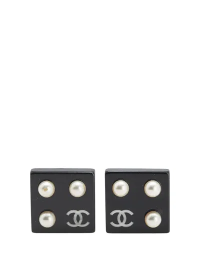 Pre-owned Chanel 2003 Square Acrylic And Faux Pearls Clip On Earrings Costume Earrings In Black