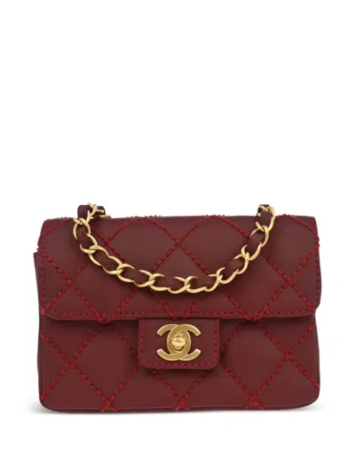Pre-owned Chanel 2003 Stitch Square Flap Mini Bag In Red
