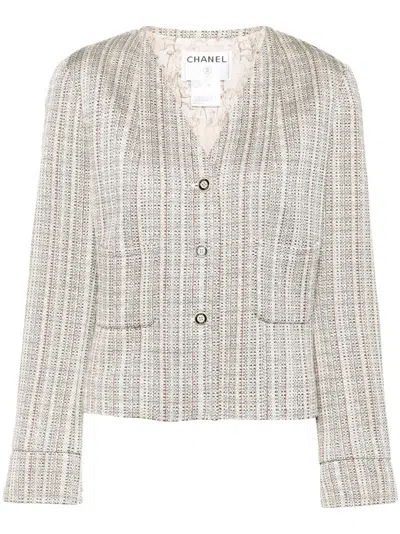 Pre-owned Chanel 2003 Tweed Collarless Jacket In Neutrals