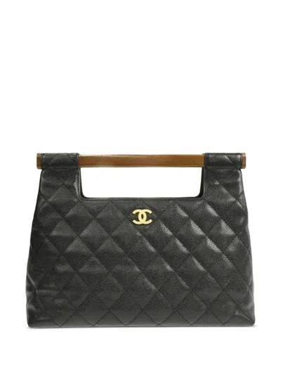 Pre-owned Chanel 2003 Wood Handle Cc Handbag In Black