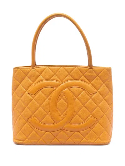 Pre-owned Chanel 2003-2004 Caviar Medallion Tote Bag In Yellow