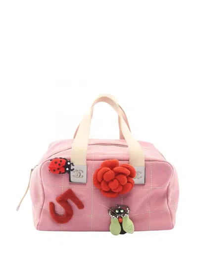 Pre-owned Chanel 2003-2004 Cc Canvas Chocolate Bar No.5 Camellia Bowling Bag Handbag In Pink