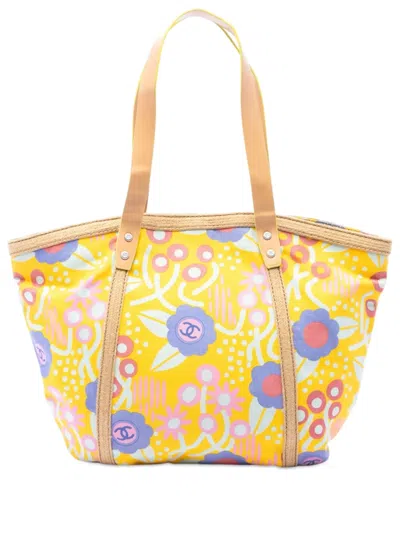 Pre-owned Chanel 2003-2004 Cc Canvas High Summer Flower Tote Bag In Yellow