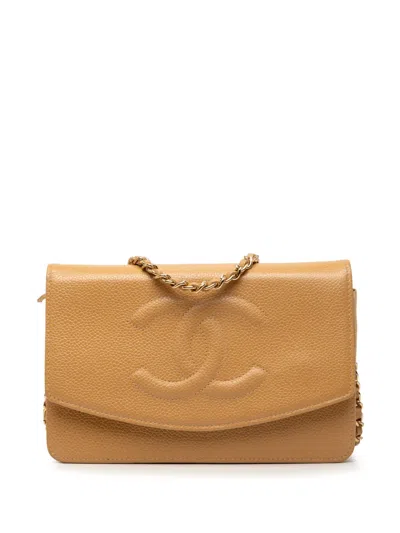 Pre-owned Chanel 2003-2004 Cc Caviar Wallet On Chain Crossbody Bag In Neutral