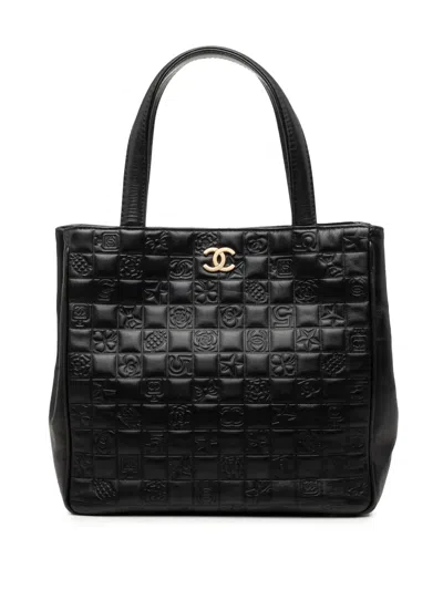 Pre-owned Chanel 2003-2004 Cc Embossed Lambskin Precious Symbols Tote Bag In Black