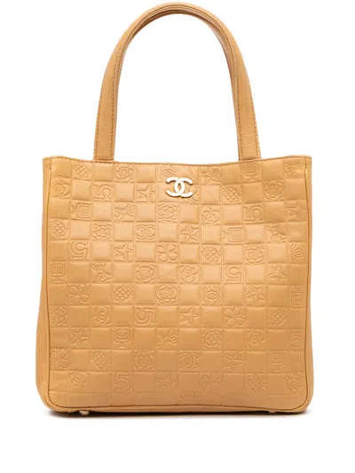 Pre-owned Chanel 2003-2004 Cc Embossed Lambskin Precious Symbols Tote Bag In Brown