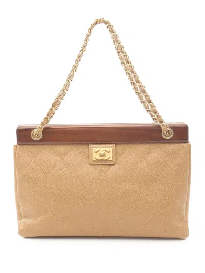 Pre-owned Chanel 2003-2004 Cc Quilted Caviar Wooden Bar Shoulder Bag In Brown