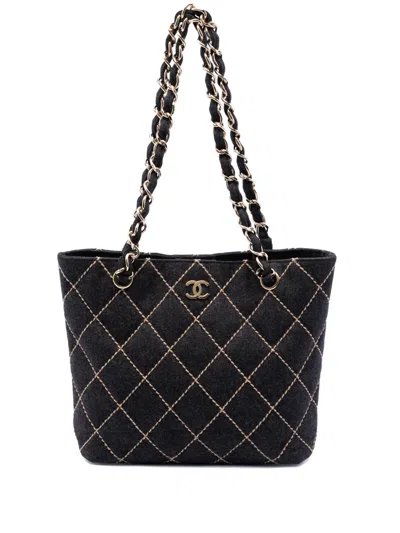 Pre-owned Chanel 2003-2004 Cc Wool Wild Stitch Tote Bag In Gray
