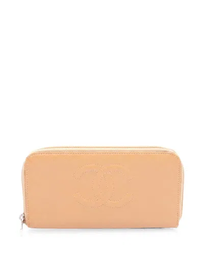 Pre-owned Chanel 2003-2004 Coco Mark Caviar Leather Long Wallet In Neutral