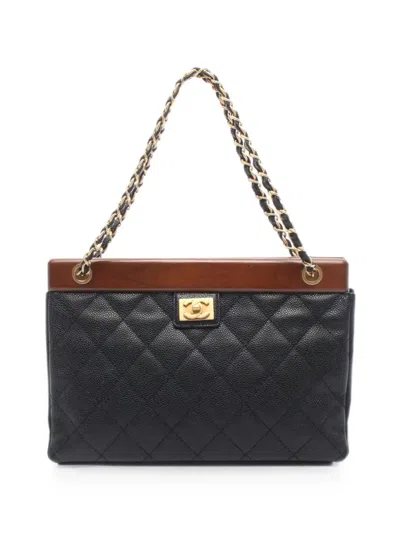 Pre-owned Chanel 2003-2004 Matelassé Wood Tote Bag In Black