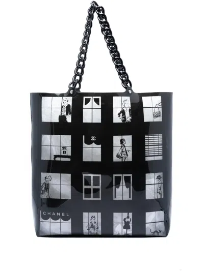 Pre-owned Chanel 2003-2004 Vinyl Coco Window Tote Bag In Black