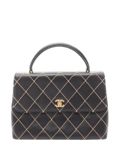 Pre-owned Chanel 2004-2005 Cc Quilted Wild Stitch Lambskin Kelly Top Handle Bag Handbag In Black
