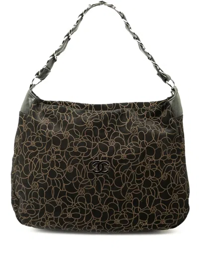 Pre-owned Chanel 2004-2005 Cc Suede Camellia Hobo Bag In Black