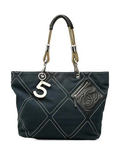 Pre-owned Chanel 2004-2005 Cruise Line Medium Cc No.5 Quilted Canvas Tote Bag In Blue