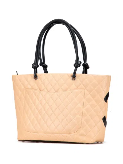 Pre-owned Chanel 2004-2005 Large Quilted Lambskin Cambon Ligne Tote Bag In Brown