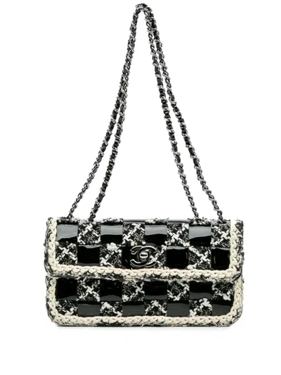 Pre-owned Chanel 2004-2005 Mini Woven Patent And Tweed Chessboard Single Flap Shoulder Bag