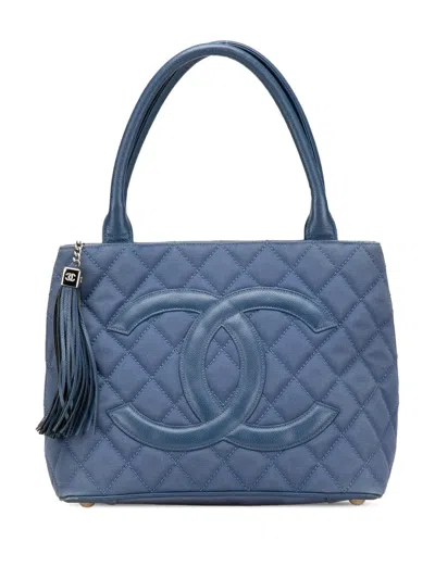 Pre-owned Chanel 2004-2005 Quilted Canvas And Caviar Tassel Tote Bag