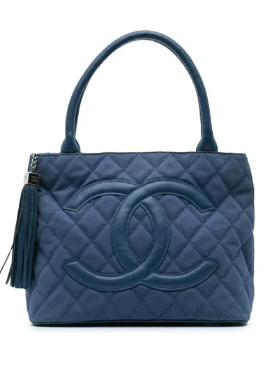 Pre-owned Chanel 2004-2005 Quilted Canvas And Caviar Tassel Tote Bag In Blue