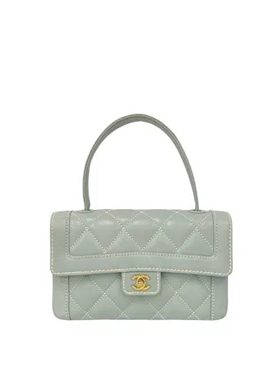 Pre-owned Chanel 2004-2005 Quilted Lambskin Wild Stitch Top Handle Flap Handbag In Blue
