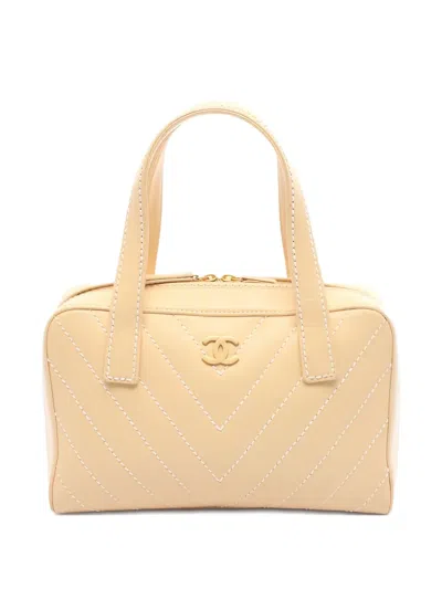 Pre-owned Chanel 2004-2005 Stitch Chevron Tote Bag In Neutral