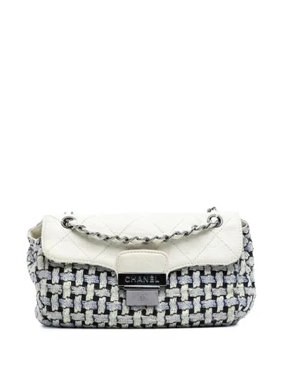 Pre-owned Chanel 2004-2005 Tweed And Calfskin Woven Single Flap Shoulder Bag In White