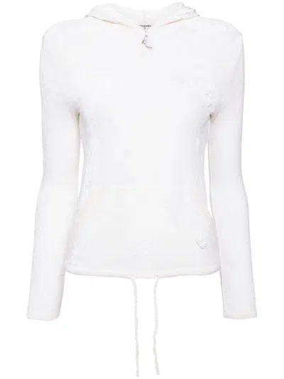 Pre-owned Chanel 2004 Camellia-appliqué Velvet Hoodie In White