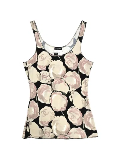 Pre-owned Chanel 2004 Camellia-print Tank Top In Black